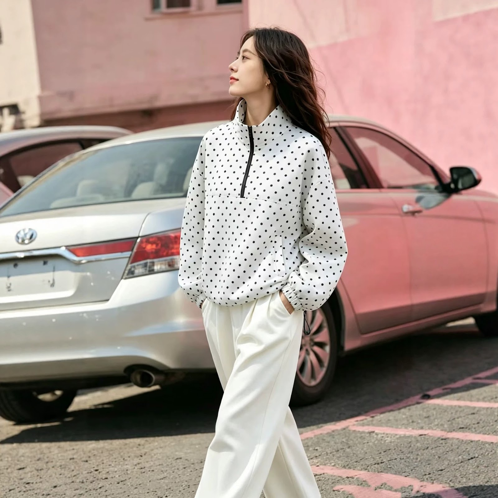 Unisex sweatshirt with stand-up collar and polka dot pattern