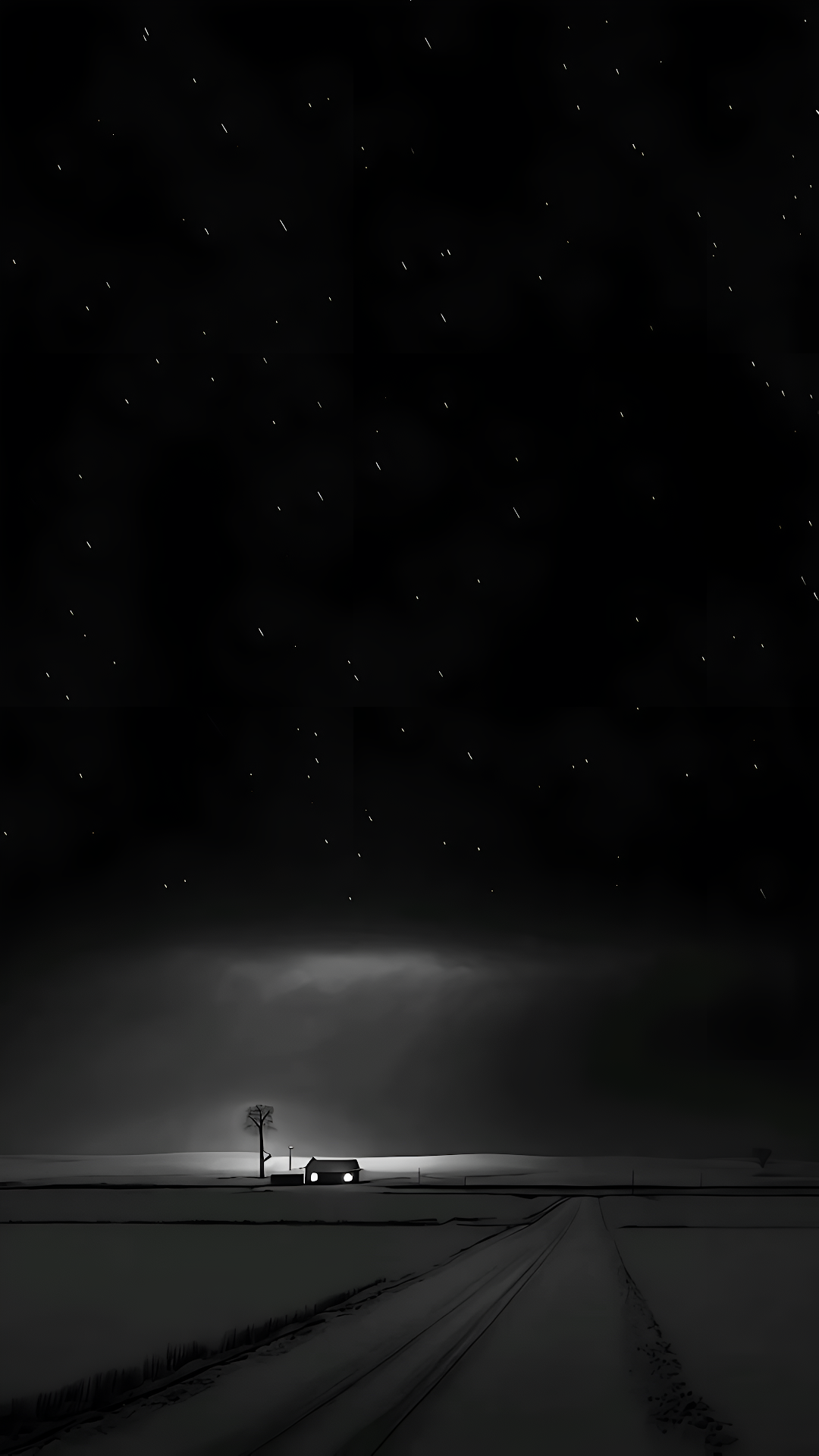 Monochrome Snowy Night Road Illuminated Cabin Minimalist Art - Free 4K mobile Wallpaper