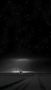Monochrome Snowy Night Road Illuminated Cabin Minimalist Art