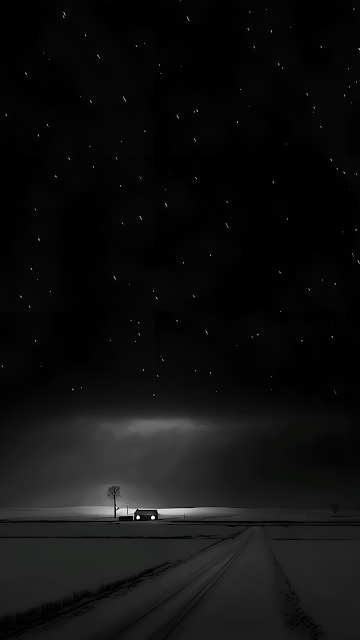 Monochrome Snowy Night Road Illuminated Cabin Minimalist Art - Free mobile Wallpaper