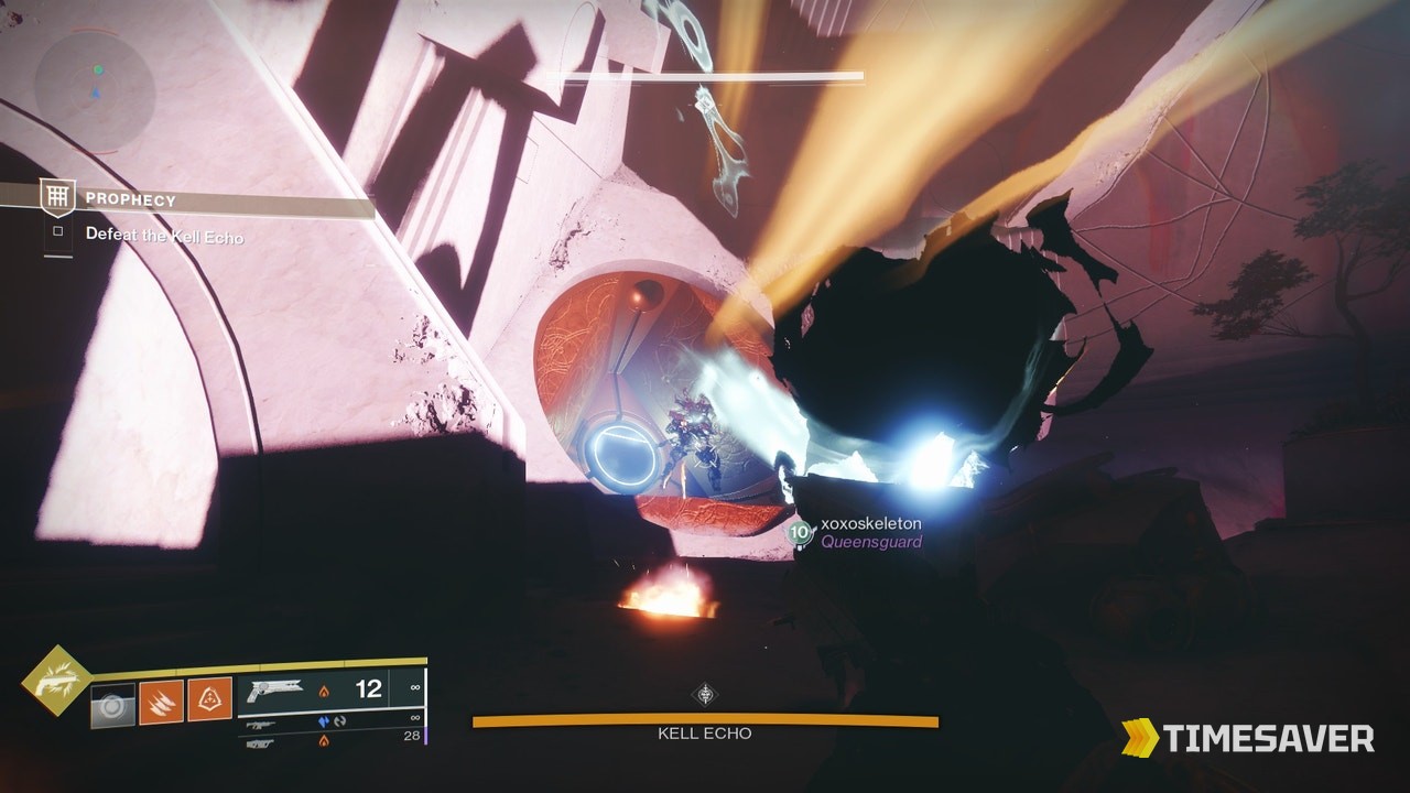 The Kell Echo final boss fight in Destiny 2's Prophecy dungeon, HUD reading Defeat the Kell Echo