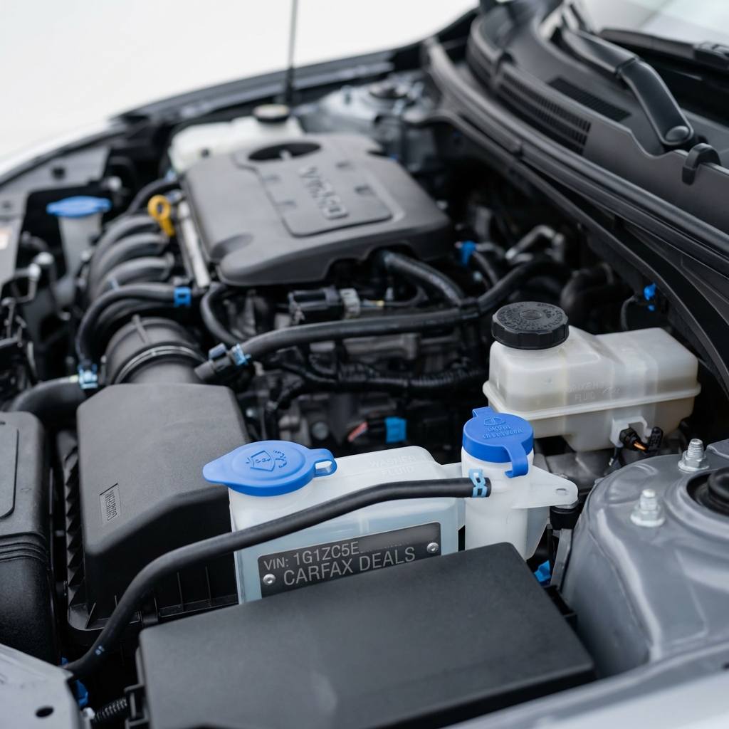 Close up of compact sedan engine bay focusing on VIN plate and fluid reservoirs best car under 10000 clean minimal white background