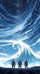 Astronauts Facing Cosmic Blue Ocean Wave Sci Fi Art