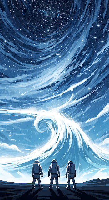 Astronauts Facing Cosmic Blue Ocean Wave Sci Fi Art - Free mobile Wallpaper