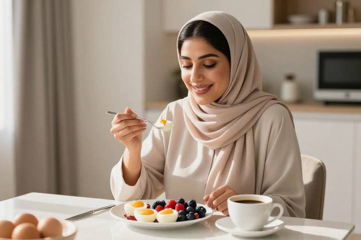 وجبة إفطار صحية ومتوازنة تحتوي على البيض والقهوة