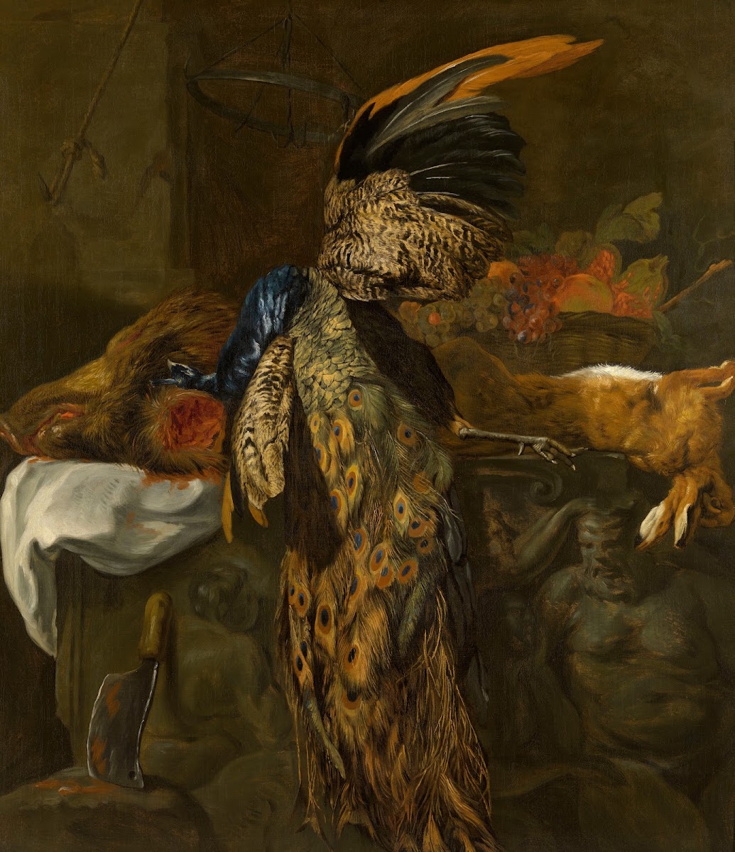 Hunting Trophy with Dead Peacock and Boars Head 1646