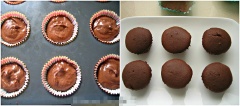 Lót cốc giấy vào khuôn cupcake, múc hỗn hợp bánh vào, dàn đều. Cho bánh vào lò, nướng khoảng 20-25 phút ở nhiệt độ 180 độ C.