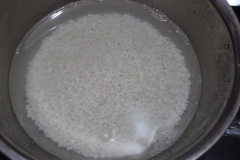 Gạo nếp vo sạch, ngâm qua đêm. Sau đó cho gạo nếp vào nồi cơm điện, cho nước bẳng khoảng 2/3 đốt ngón tay, đừng để cơm nếp bị nát quá.