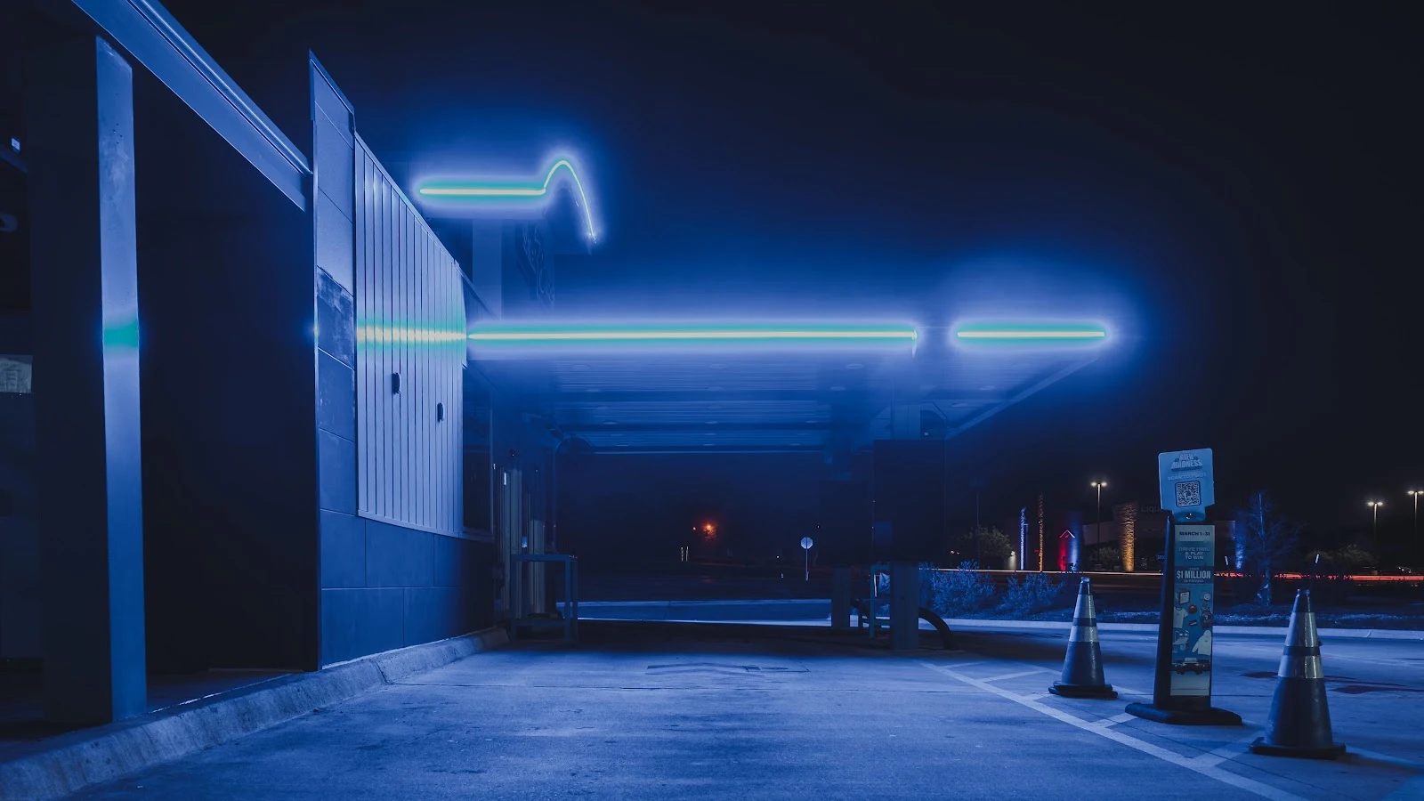 Neon Blue Drive Thru - Night Photography 4K Wallpaper (4989x2806)