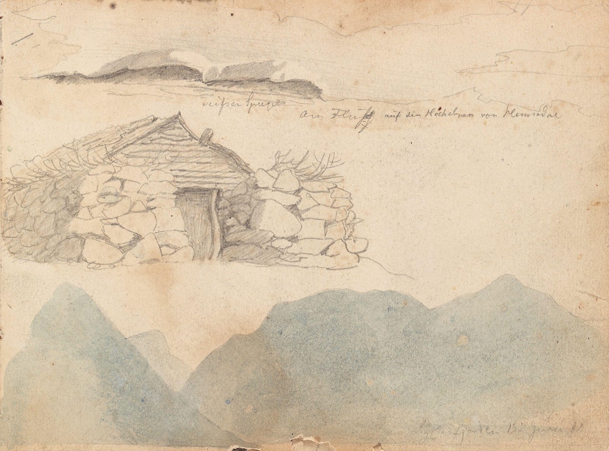 Utsikt mot Hemsedalsfjellene steinhytte fra Lustrafjorden 1843