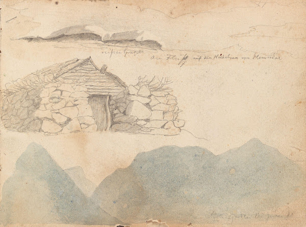 Utsikt mot Hemsedalsfjellene steinhytte fra Lustrafjorden 1843