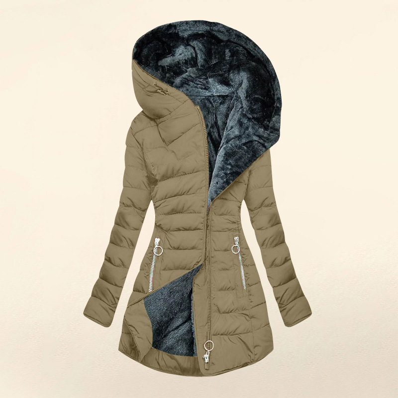 Tailored women's winter coat with a hood and faux fur