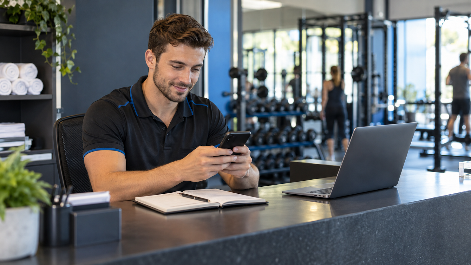 Recepcionista respondiendo una consulta desde su teléfono en el mostrador del gimnasio.
