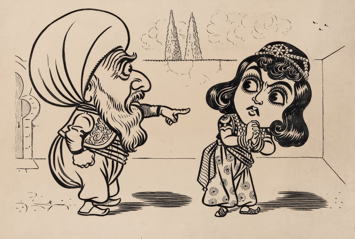 Twelve comic strip frames of Arabic woman running away with young man after argu