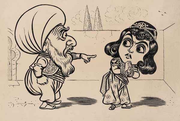 Twelve comic strip frames of Arabic woman running away with young man after argu
