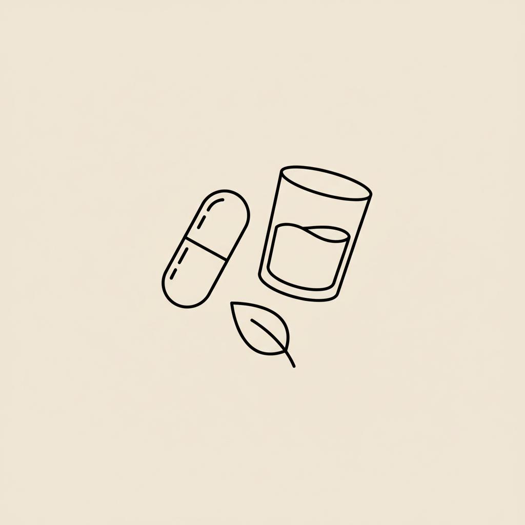 Minimal line illustration of a capsule, water glass, and leaf on beige background representing supplement balance and vitamin shoppe controversy