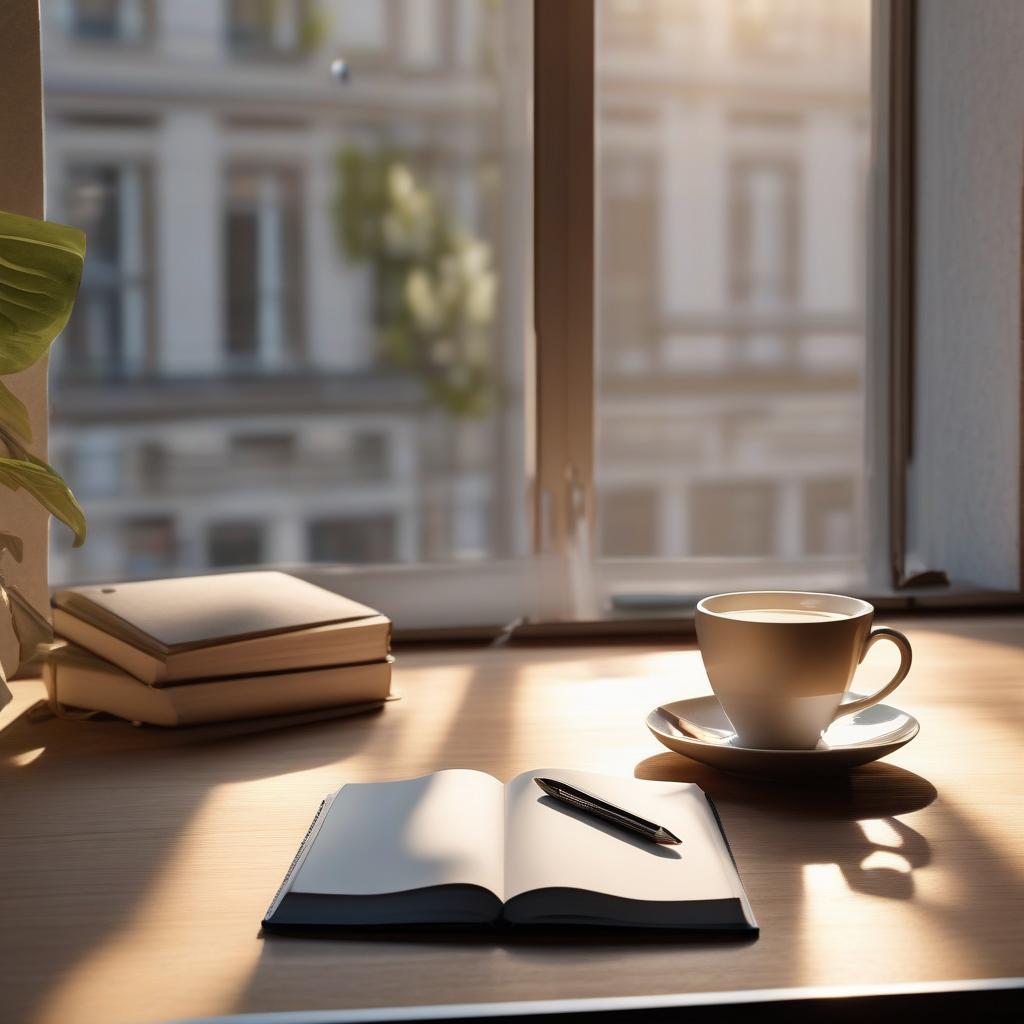 a journal with a pen and a cup of tea on a table next to a window, bathed in soft morning light