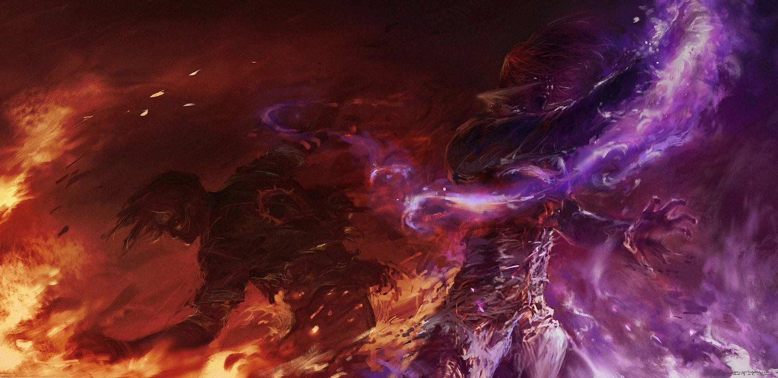 Clash Of Fire And Purple Magic - Digital Painting 2K Wallpaper (4096x1989)