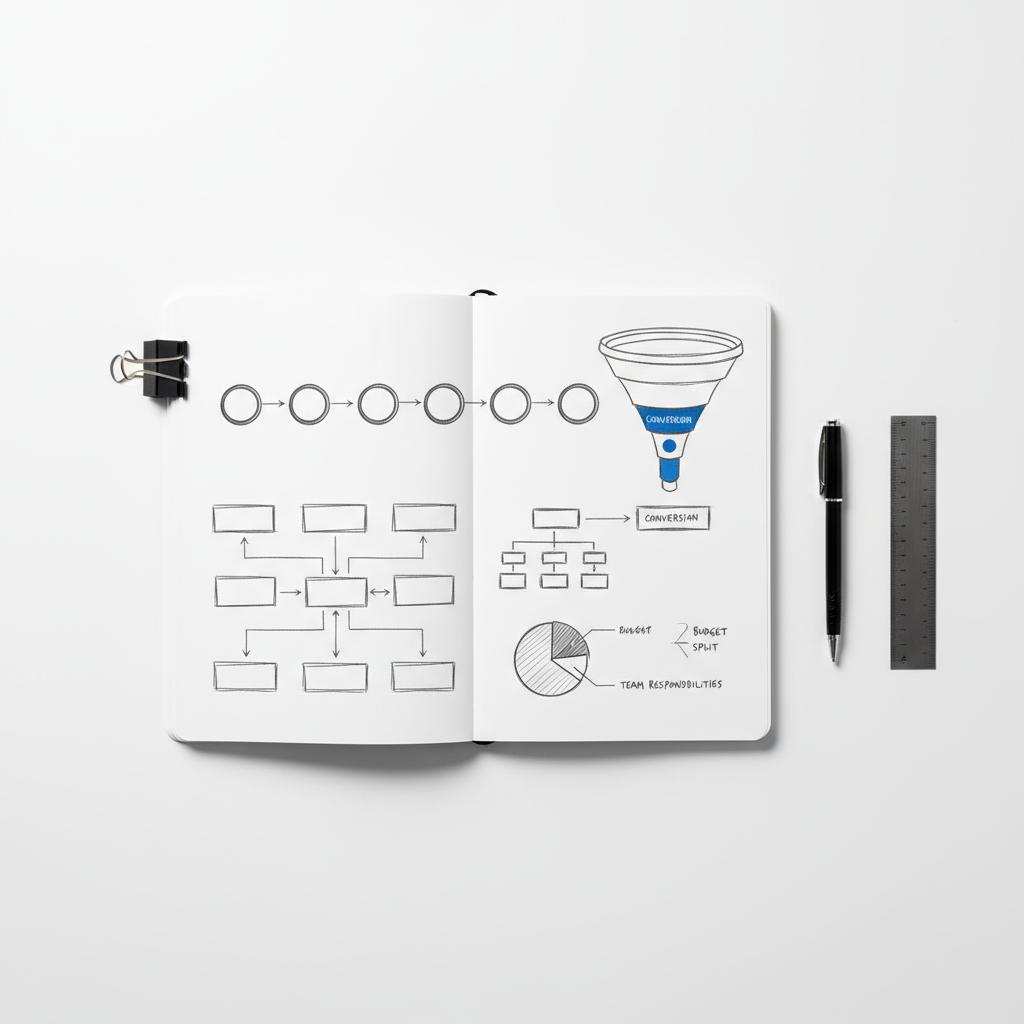 Top-down minimalist notebook sketch of a customer journey and funnel with the conversion stage highlighted in blue, clean desk scene for cost per lead strategy