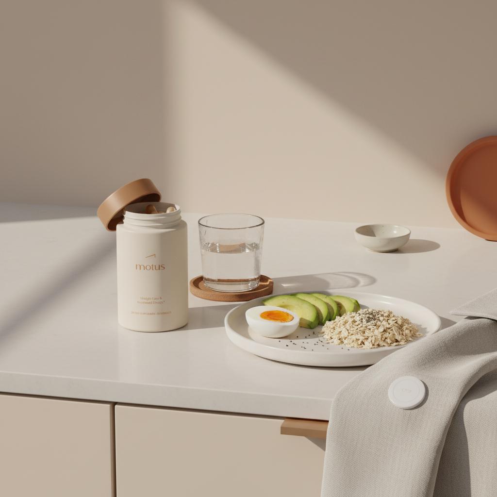 Minimalist Tonum kitchen counter with berberine supplement bottle beside a balanced breakfast plate and a visible CGM sensor on a nearby folded shirt — how soon does berberine start working