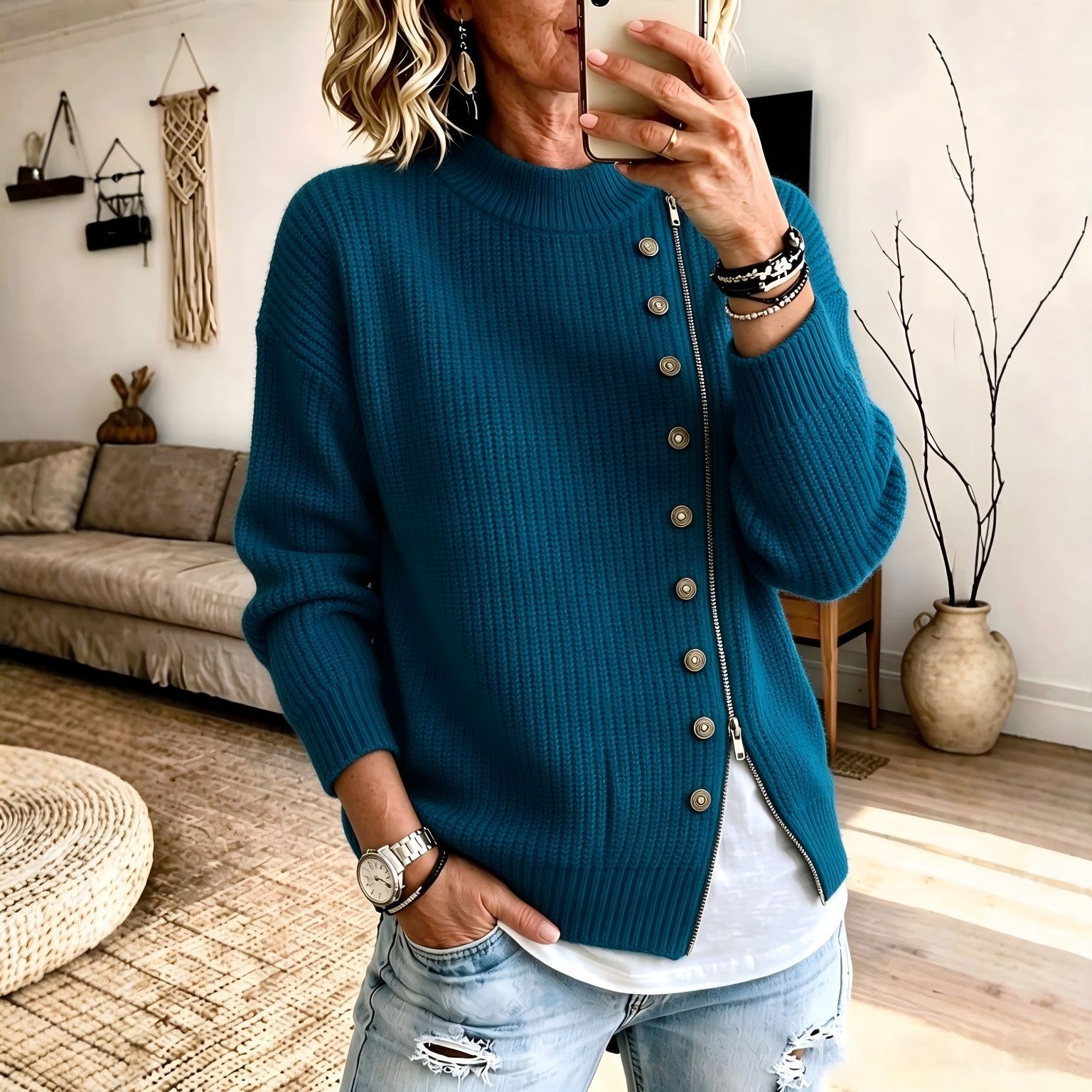 Women's knitted sweater with asymmetrical zipper