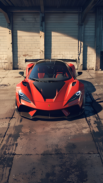 Red Supercar Industrial Garage Front View Sunlight - Free mobile Wallpaper