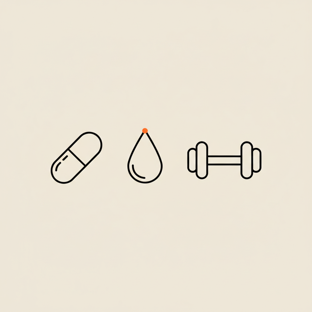 Minimalist Tonum-style line illustration of a capsule, water droplet, and dumbbell on beige background, symbolizing creatine and weight loss.