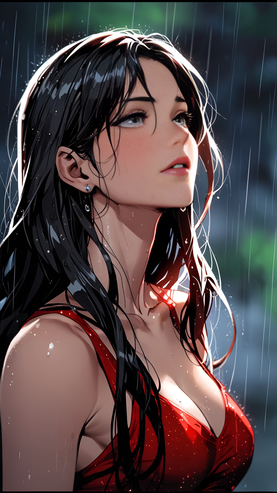 Woman in Red Dress Gazing Up in Rain with Wet Hair - Free 4K mobile Wallpaper