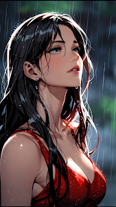 Woman in Red Dress Gazing Up in Rain with Wet Hair