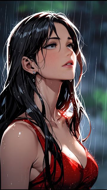 Woman in Red Dress Gazing Up in Rain with Wet Hair - Free mobile Wallpaper