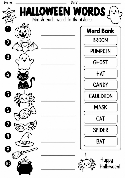 Halloween Vocabulary Match Worksheet