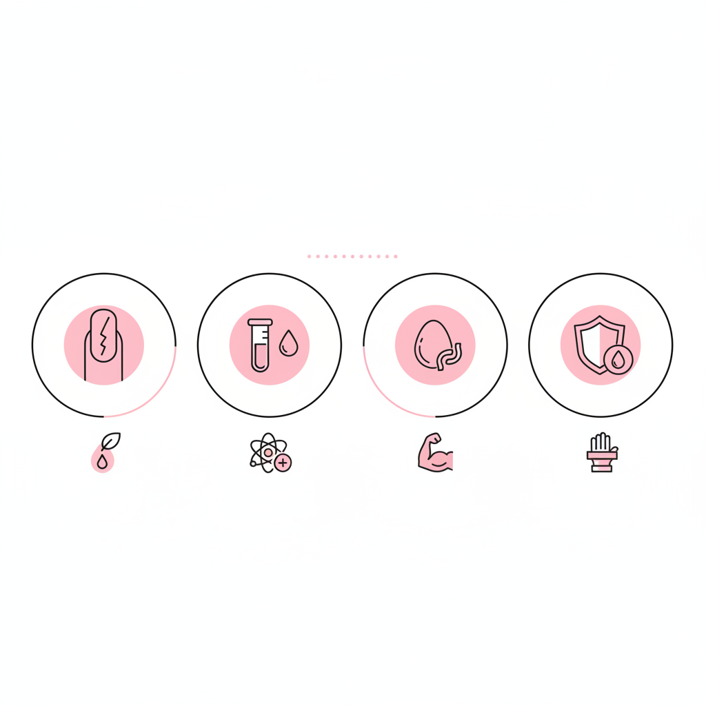 Minimalistische 2D-Vektor-Infografik mit vier Icons (Nagelplatte, Reagenzglas, Ei, Schild) zur Visualisierung von brüchige Nägel Ursachen in NailX-Farben.