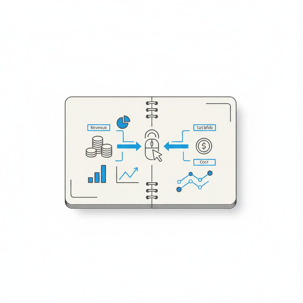 Top-down vector illustration of a tidy desk notepad with sketch-style diagrams and icons showing RPM, CTR and CPC relationships and small experiment charts for an AdSense RPM calculator article