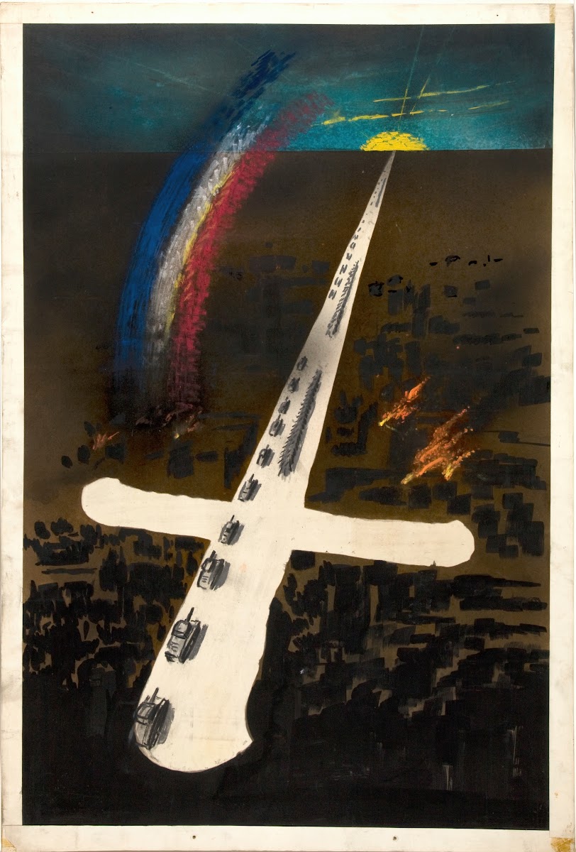Tanks pointing into sun on horizon with a red white and blue quarter section rai