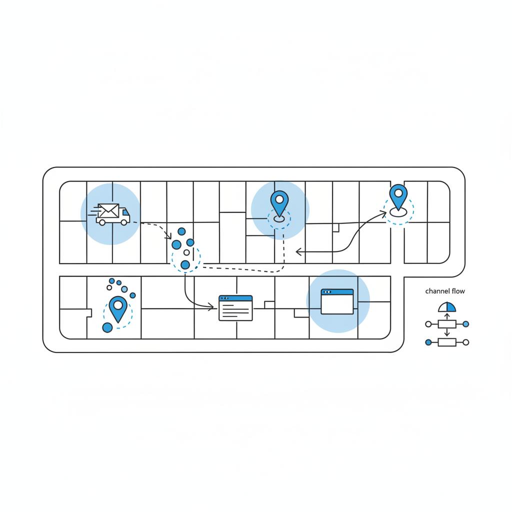 Minimal vector neighborhood map showing targeted mailer drop zones and digital coverage areas in Agency Visible brand colors for local service marketing