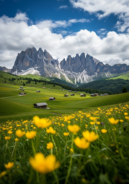 Alpine Meadow with Yellow Wildflowers and Dolomites