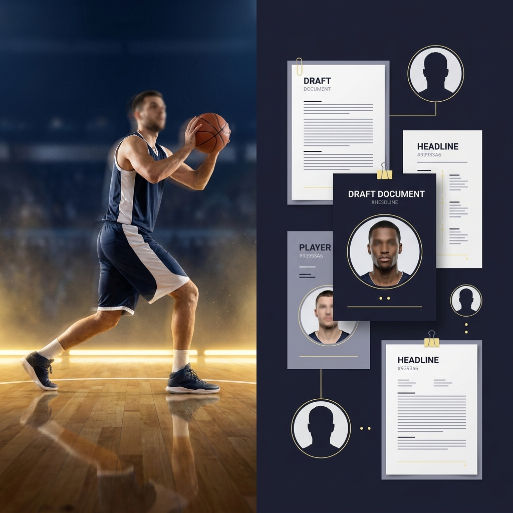 Split image of a generic basketball player on court opposite a clean collage of draft pick documents and neutral player headshots representing the Nets return package kevin durant trade odds