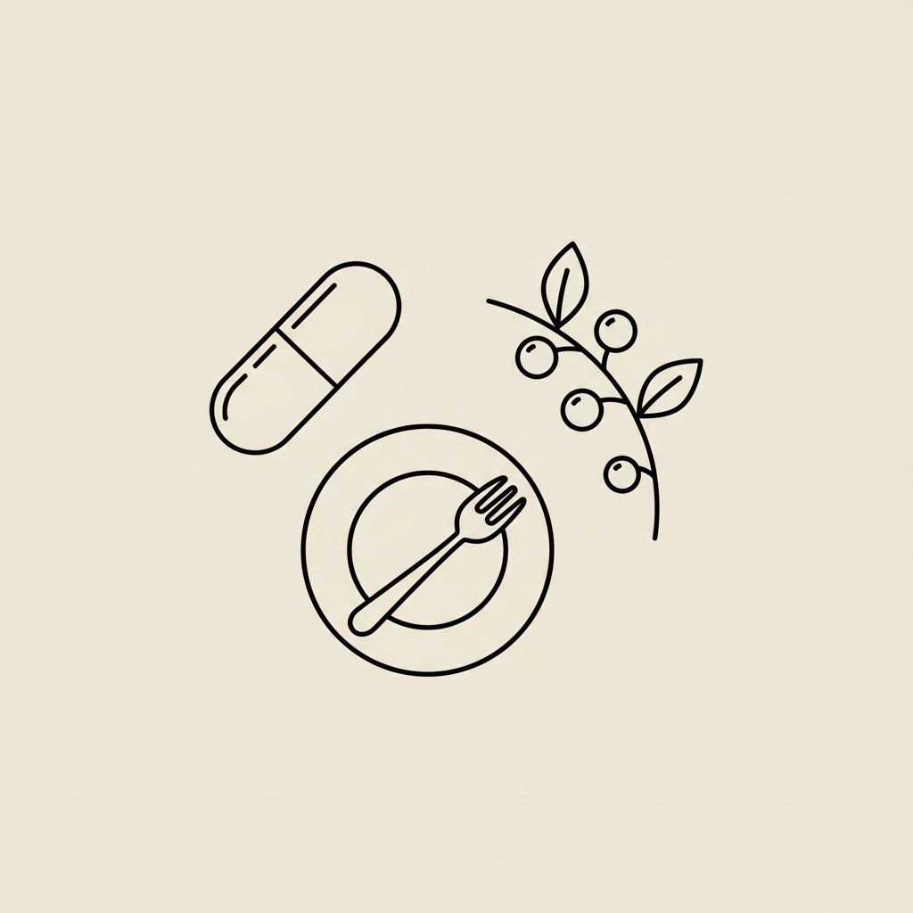 Minimalist line illustration of a capsule, small plate with fork, and berry branch on a beige background, related to appetite and weight management — what is the best pill for suppressing appetite?
