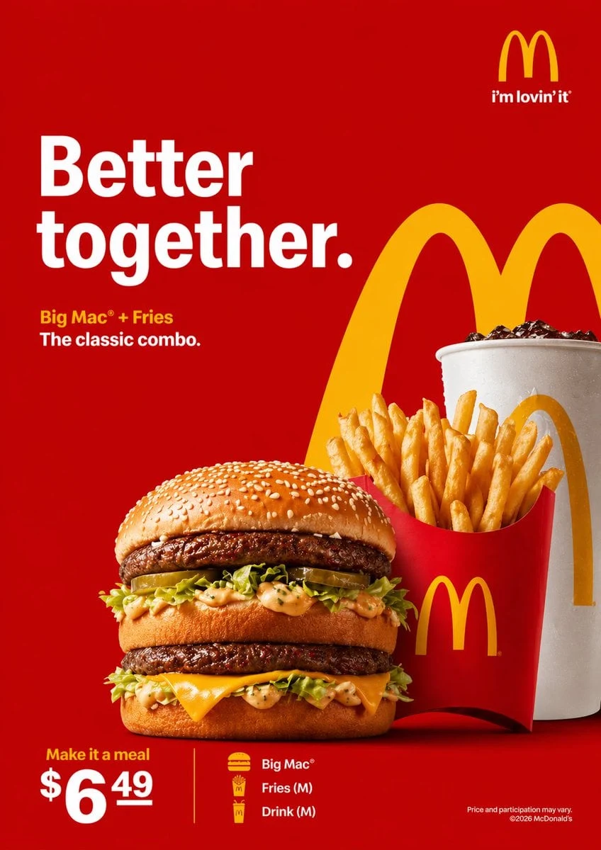 Crea un anuncio de McDonald's limpio y de alta calidad.