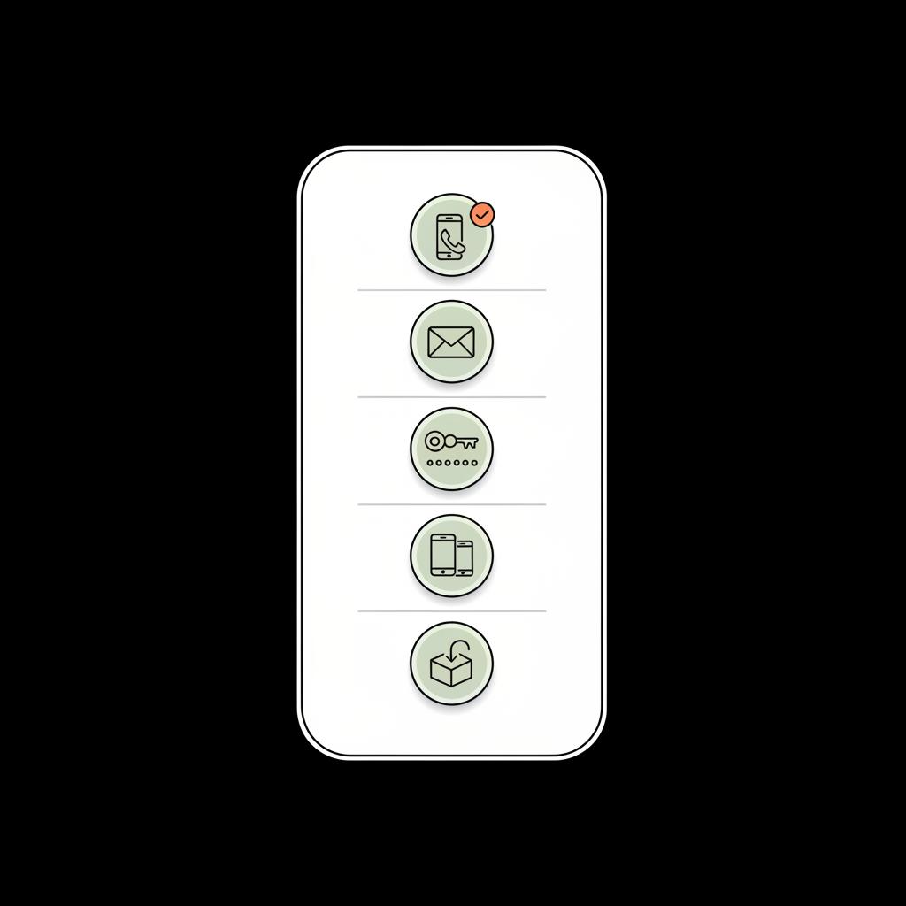 Minimal vector infographic checklist showing icons for steps to recover deleted Google account: recovery phone, recovery email, old passwords, device list, and data export.