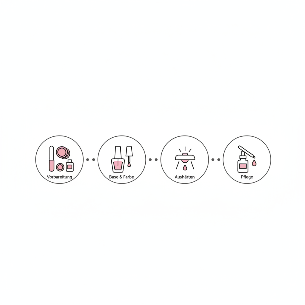 Minimalistische 2D-Vektorinfografik mit 4 Icons für Vorbereitung, Base &amp; Farbe, Aushärten und Pflege im GellyNails Starter Kit-Stil, Farben Weiß und #f57fb6.