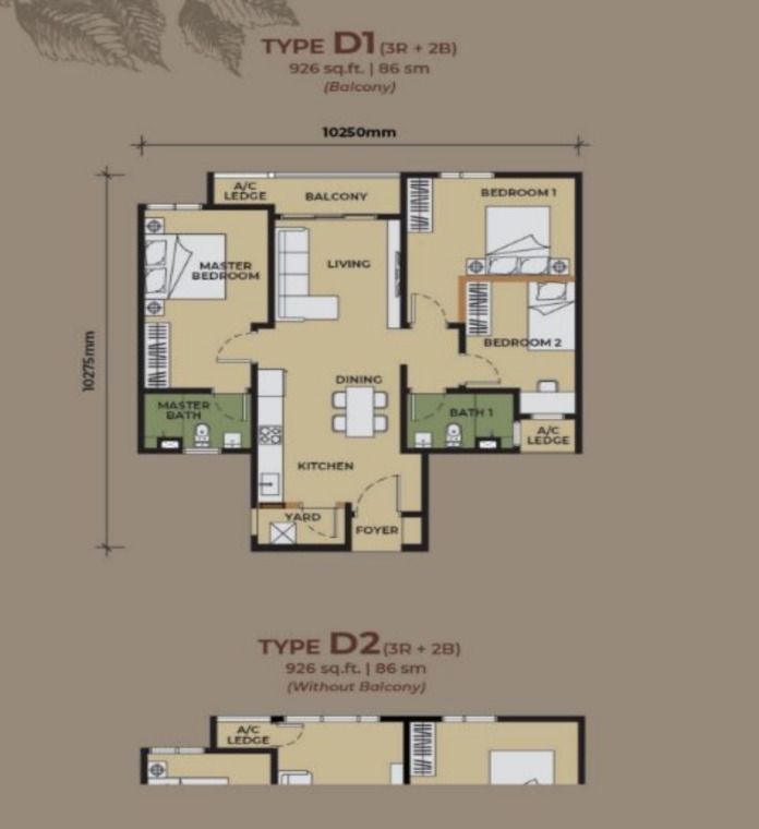The Aldenz Type D2 floor plan — 926 sq ft, 3 bedrooms