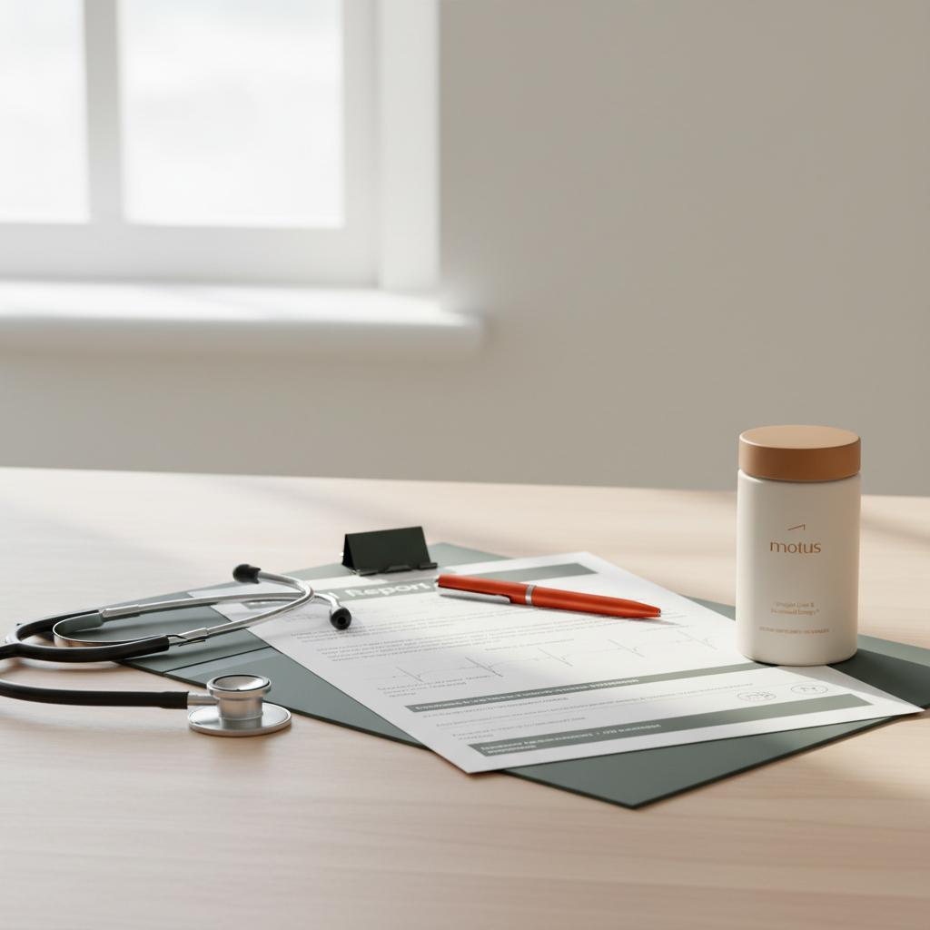 Doctor's desk with printed lab report, stethoscope and Tonum Motus bottle on a clean beige background, suggesting first signs of fatty liver and evidence-based action