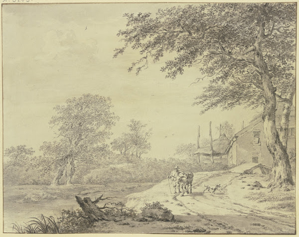Bei Bauernhäusern führt ein Weg vorbei darauf ein Eselstreiber mit einem Esel un