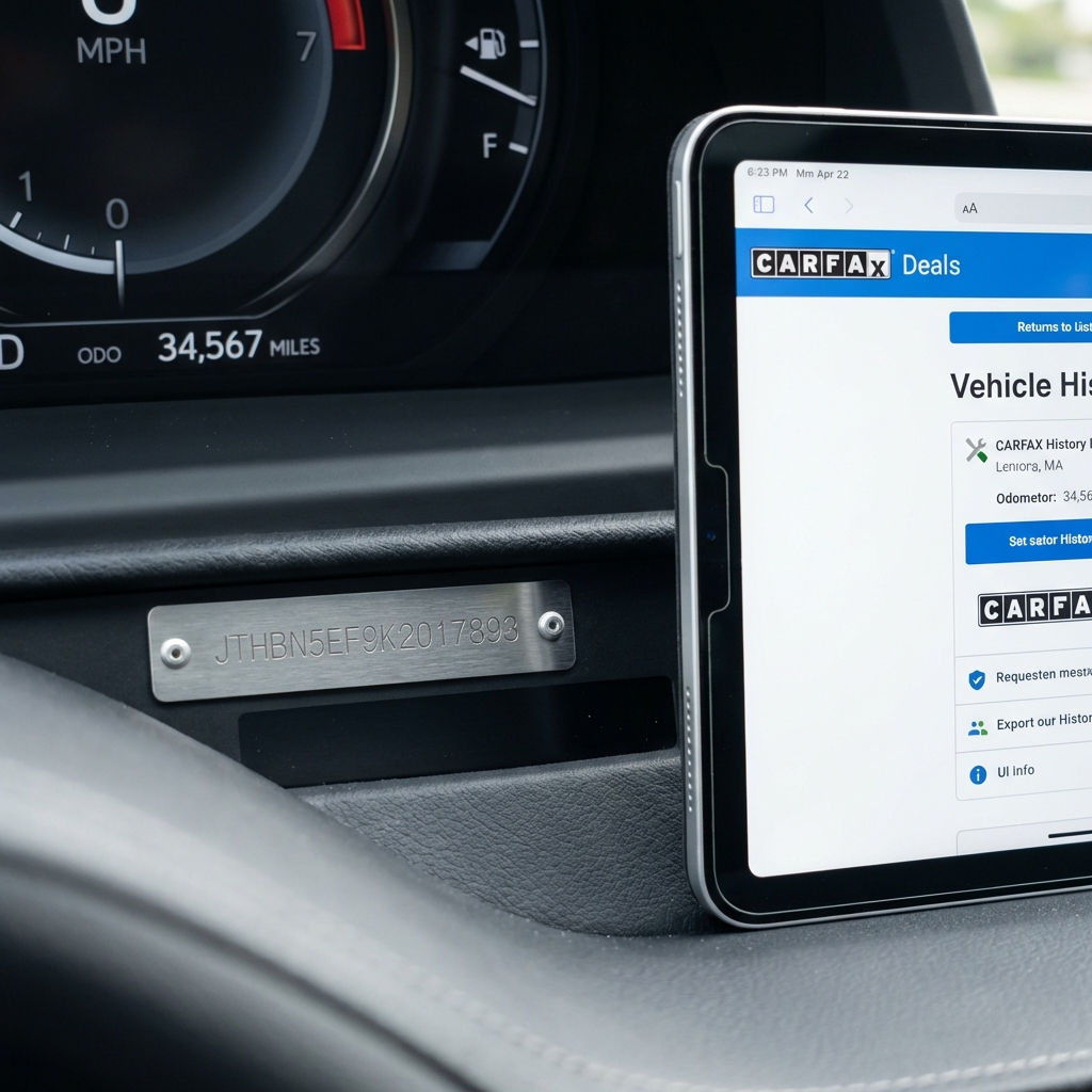 Close up of Lexus dashboard showing VIN plate and odometer with tablet displaying vehicle history report used lexus for sale
