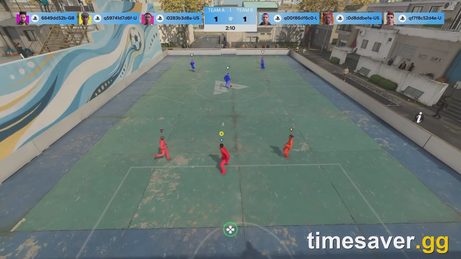 EA SPORTS FC 27 small-sided football on a compact enclosed rooftop court in The Grounds, red and blue teams contesting the ball in a Rush-style match