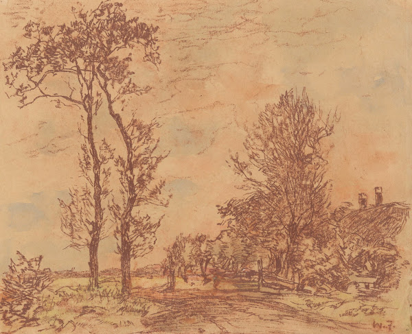 Landweg met bomen rechts een boerderij 20th century