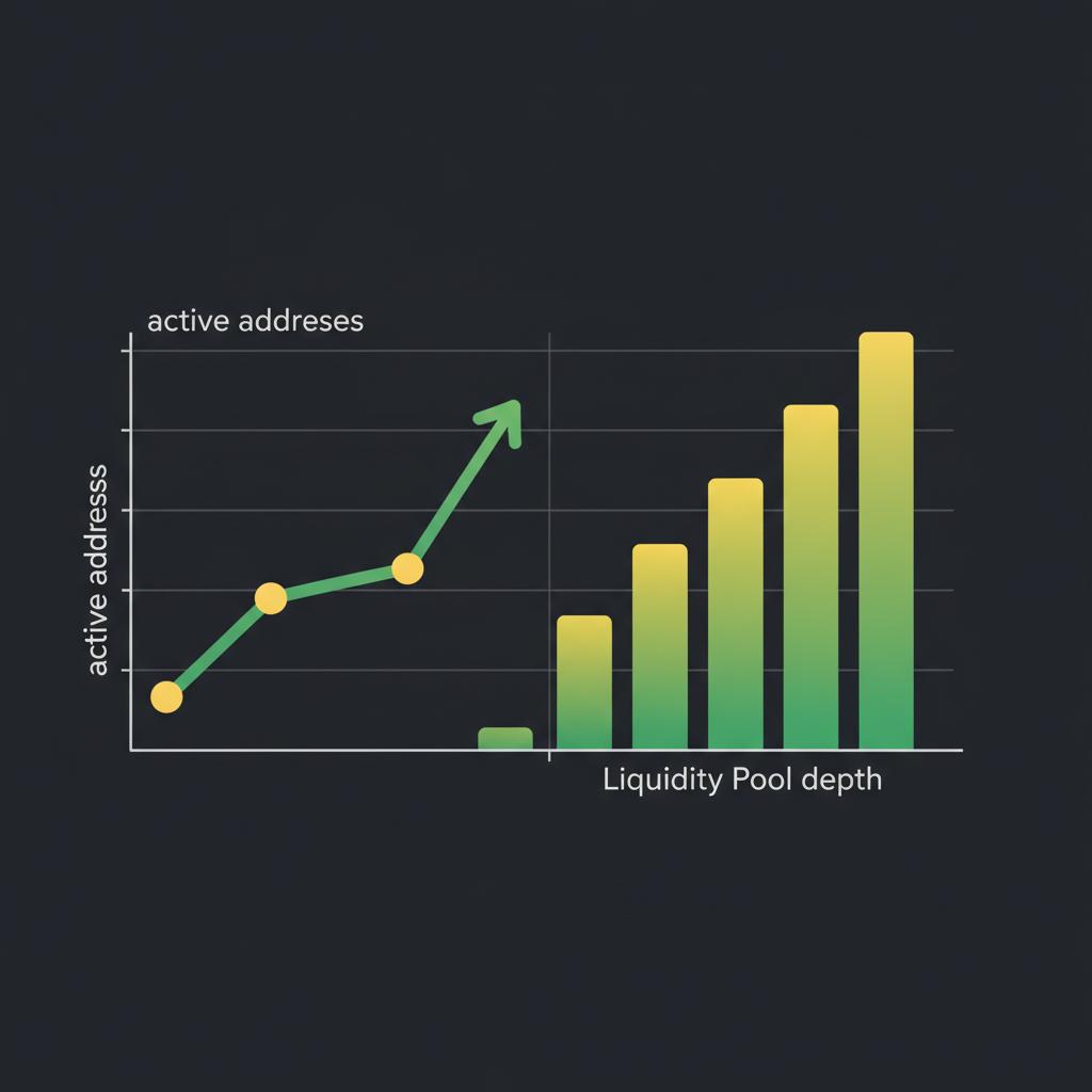 Minimalist 2D vector chart showing rising active addresses line and green liquidity pool depth bars on dark background for new cryptocurrency news