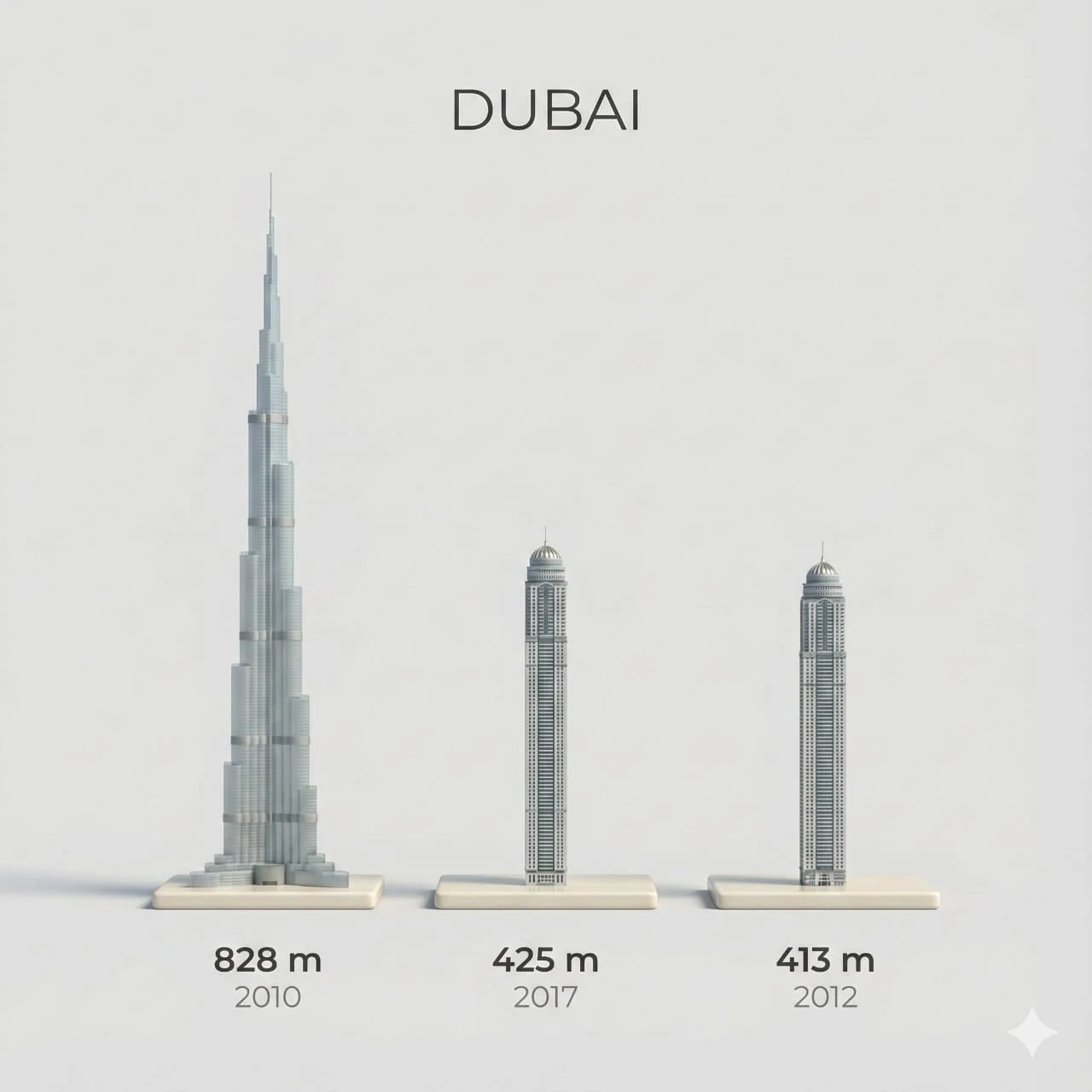 Presentación promocional ultrarrealista: una vista en miniatura 3D clara y lateral de los edificios más altos de [DUBAI].