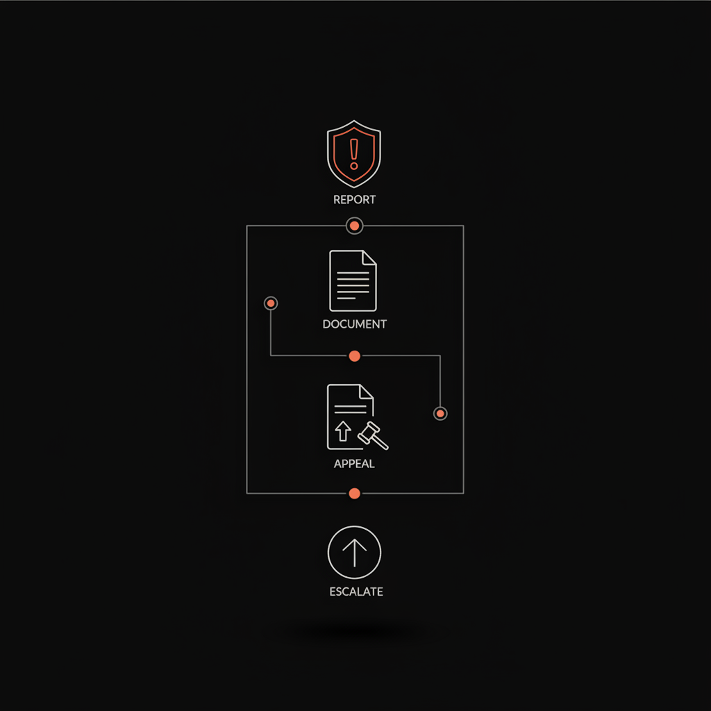 Minimal full-frame flowchart illustrating steps to remove negative Google review with vector icons for report, document, appeal, and escalate on a black branded background.